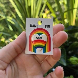 GAIL Vintage 80s Iconic Ceramic White Heart Rainbow Name Pin
